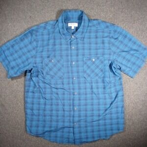 Orvis Plaid Button Down Shirt Mens XL Blue Short Sleeve Polyester